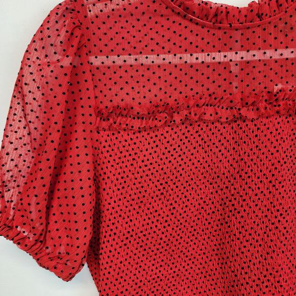 Express Smocked Peplum Polka Dot Blouse Top Size L Red Puff Sleeve Rockabilly - Picture 4 of 12